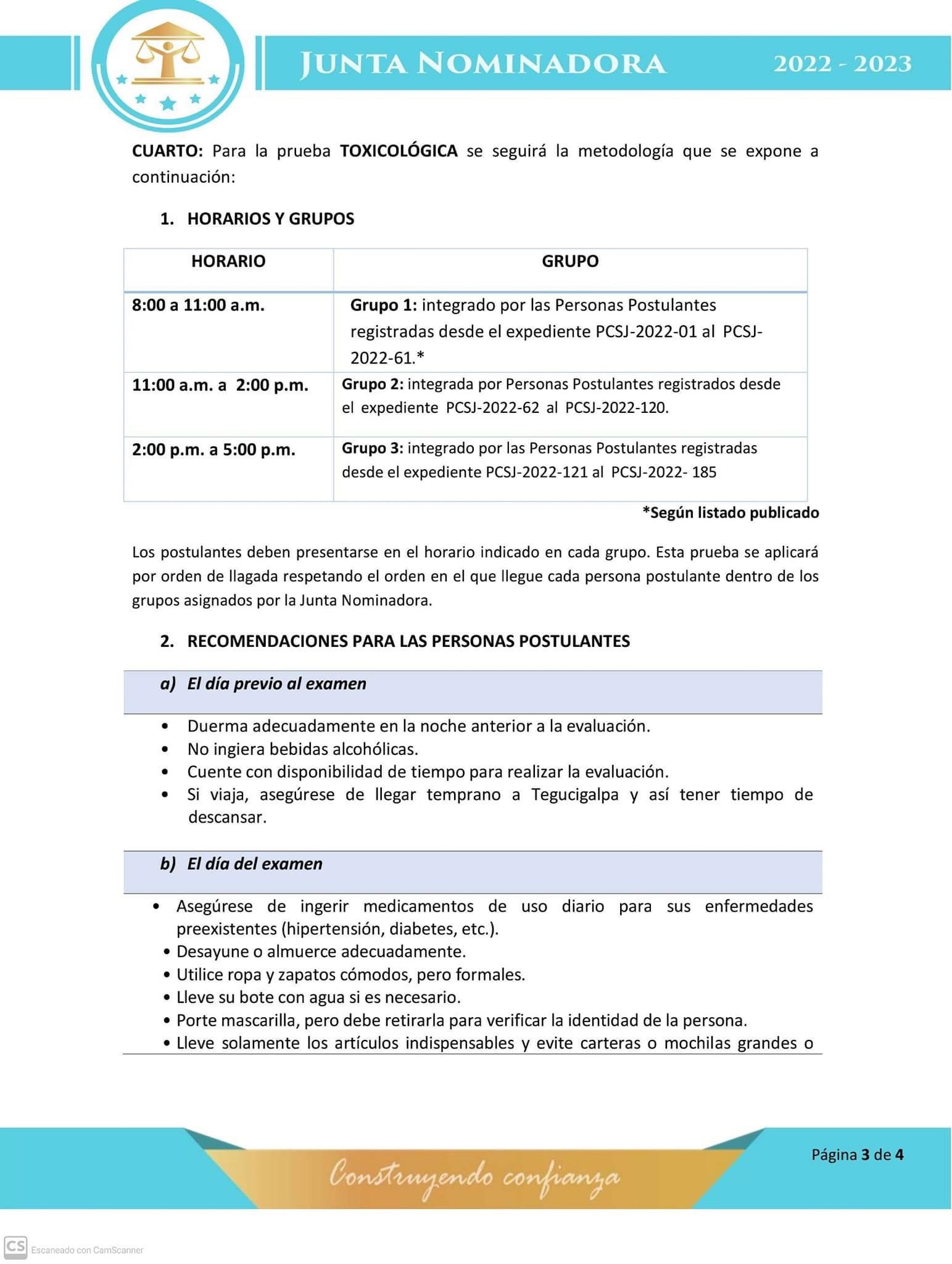 Horarios pruebas Psicométricas y Toxicológicas 